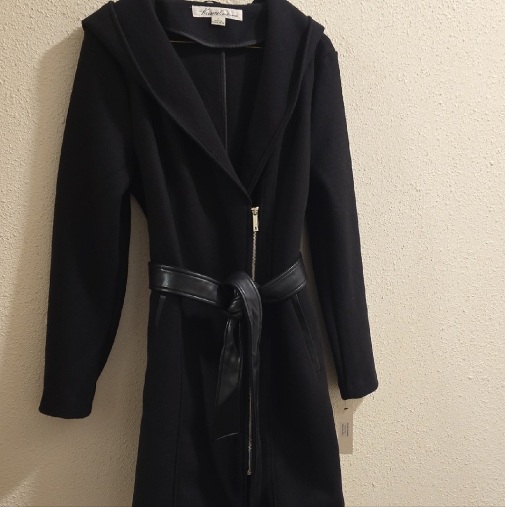 Kenneth Cole Signature Womens RN#54163 Black Trench Zipper Belted Coat MED NWT